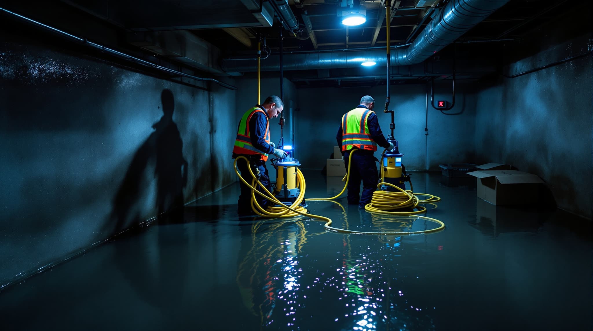 Long Island water damage restoration crew responding to a flooded basement