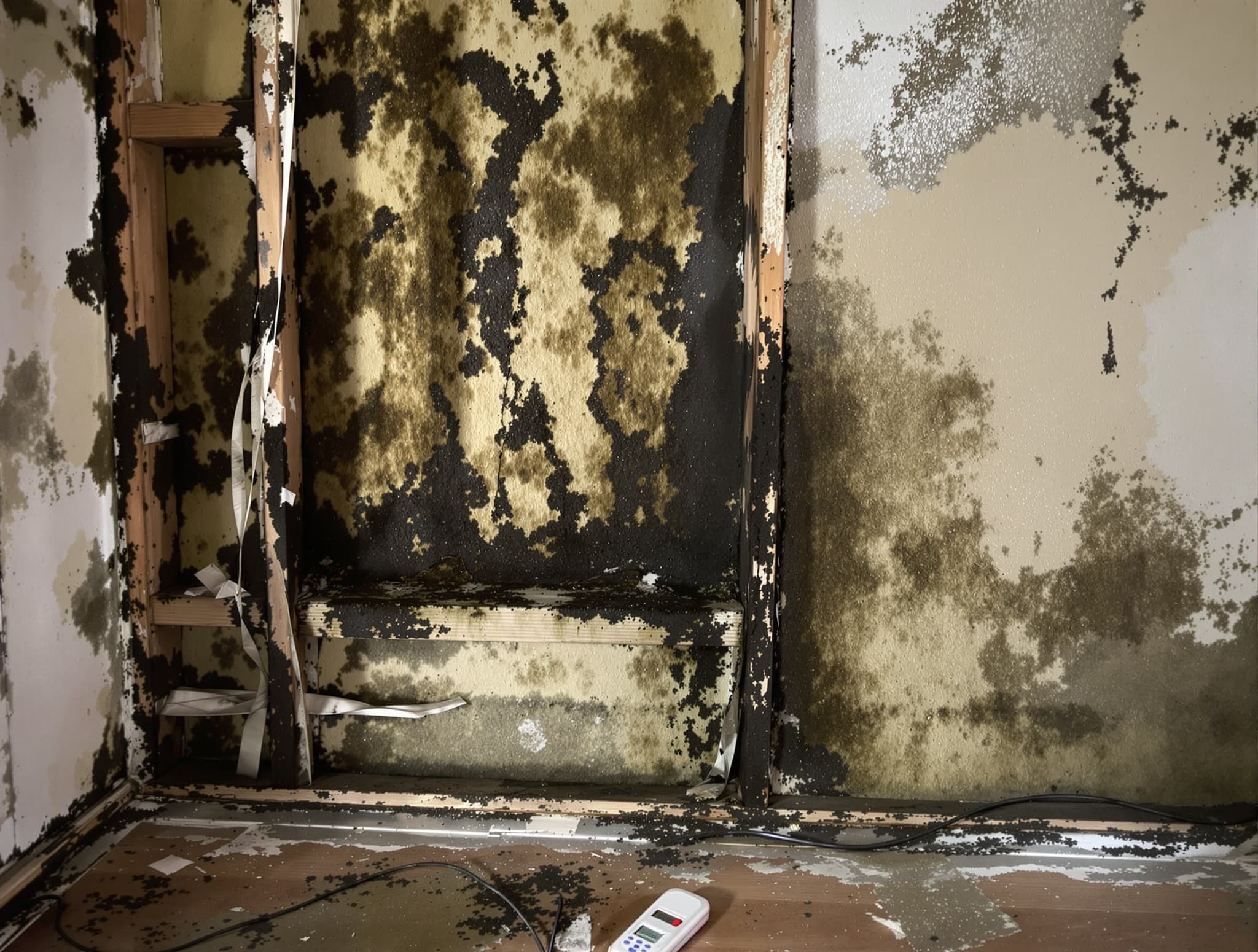 Mold growing across an opened basement wall and its wood framing